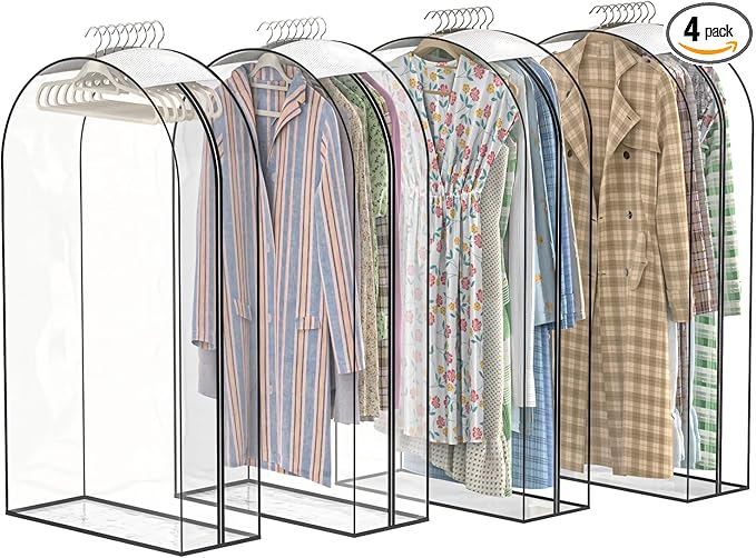 Upgraded Thickened Clear Garment Bags for Hanging Clothes 4 Packs, 10“ Gusseted Clothes Hanging Storage Bags for Closet, Shirts, Coats, Dresses (50 inch)