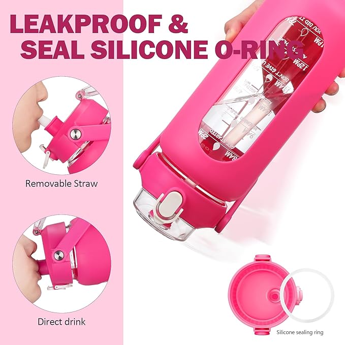 56oz Glass Water Bottles with Straw, Motivational Glass Bottle with Silicone Sleeve and Time Marker, Leakproof Large Glass Water Jug for Gym Home Office,Rose red
