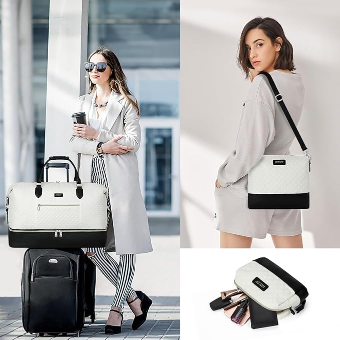 ITIEZY Weekender Overnight Bag for Women - Large Travel Duffel Bag with Shoe Compartment, Gym Duffel Bag Hospital Bag Carry On Tote Bags for Airplanes with Crossbody Bag Toiletry Bag 3Pcs Set