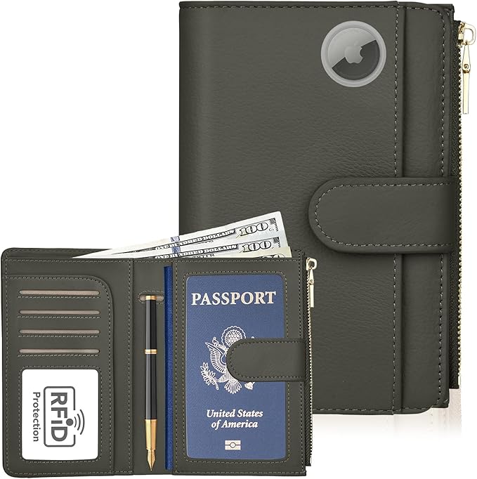Passport Holder for Travel, Leather Passport Wallet with Airtag Slot, RFID Blocking Travel Wallet for Women Men, Passport Cover with Air Ticket Card Cash Coin Pocket, Travel Essentials Gift