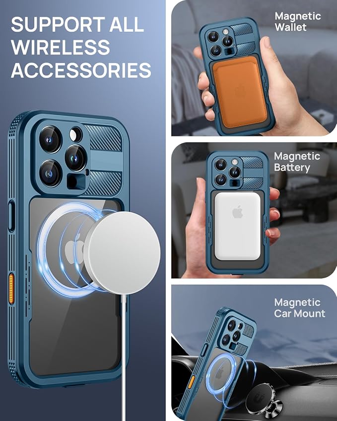 Lanhiem Magnetic for iPhone 16 Pro Max Case, IP68 Waterproof Dustproof Case, [Compatible with Magsafe] [Built-in Screen Protector] Full Body Heavy Duty Rugged Phone Cover 6.9 inch, Blue/Clear