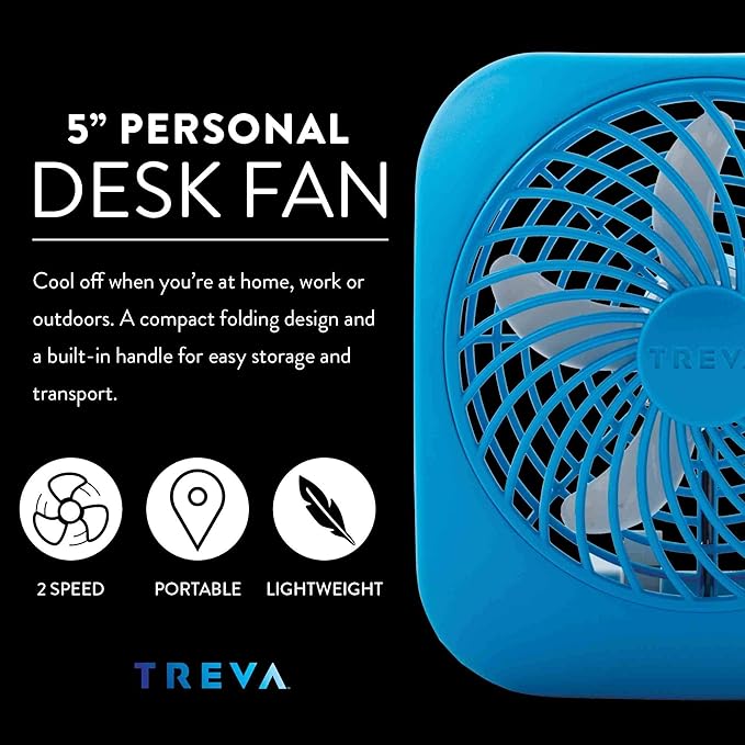 Treva 5 Inch Battery Powered Fan Portable Desk Fan 2 Cooling Speeds with Compact Folding & Tilt Design Cubicle Accessories Small Portable 2 Pack (Blue)