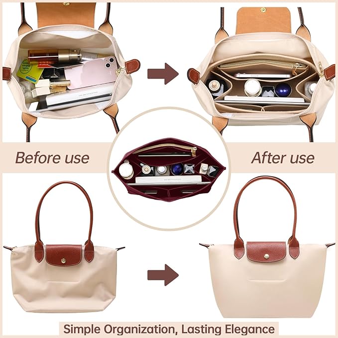 OPPOSHE Purse Organizer Insert for Longchamp Le Pliage, Premium Felt Long Champ Bag Handbag Women, Tote Organizer Insert with 9 Compartments (Medium, Dark Red)