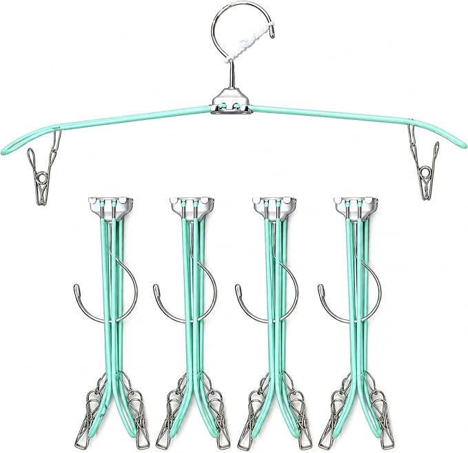 5 Pack Green Travel Hangers with Clips, Portable Stainless Steel Folding Clothes Hangers with Windproof Hook, Heavy Duty Non-Slip Space Saving Hangers for Cruise Essentials, Camping, Hotel
