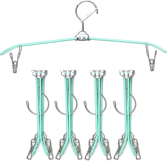 5 Pack Green Travel Hangers with Clips, Portable Stainless Steel Folding Clothes Hangers with Windproof Hook, Heavy Duty Non-Slip Space Saving Hangers for Cruise Essentials, Camping, Hotel