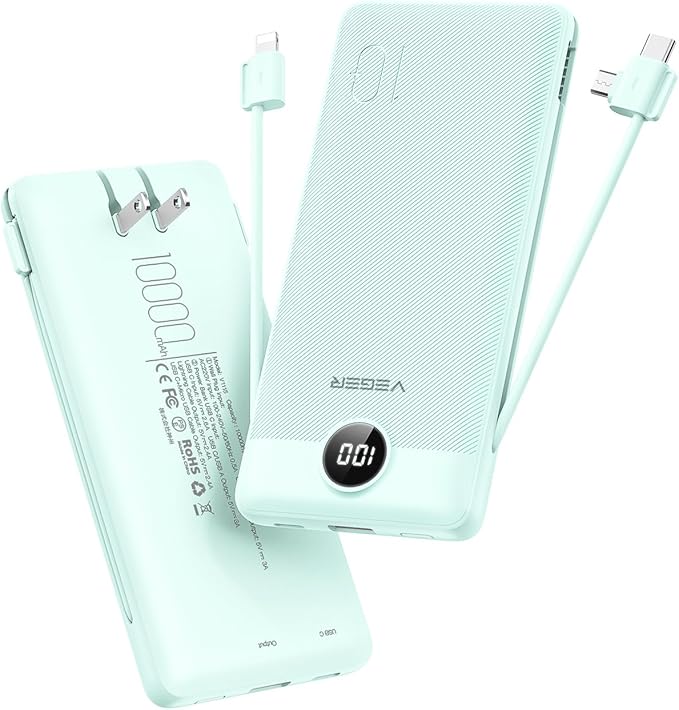 VEGER Portable Charger with Built-in AC Plug and Cables, All in One 10000mAh Ultra Slim Power Bank Emergency Fast Charging for Travel Battery Pack Compatible with iPhone, Samsung, Android, Green