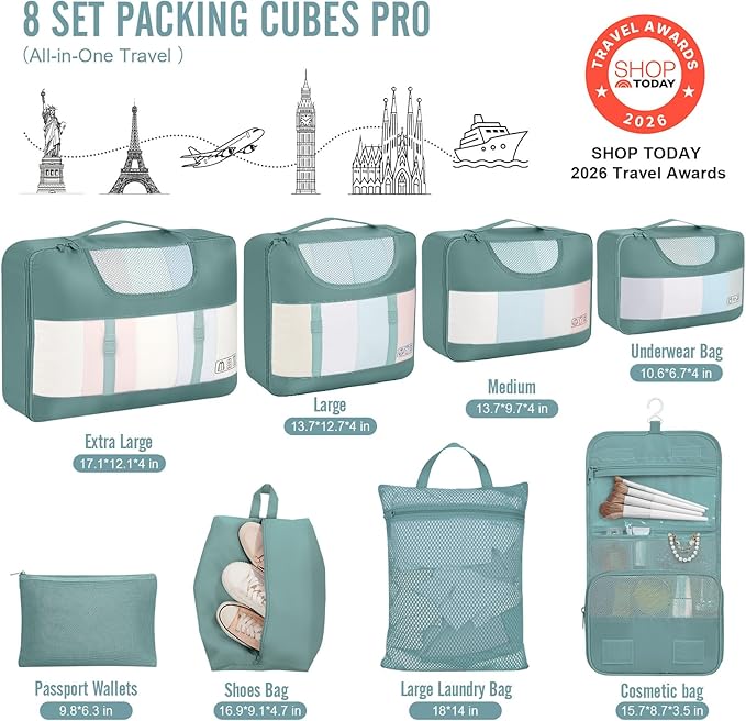 Veken 8 Set Packing Cubes for Travel Essentials,Anti-Wrinkle Buckled Suitcase Organizer for Shoe & Toiletry Bag,Carry On Luggage Bag for Airplane & College Dorm Room Accessories,Women Men Gifts