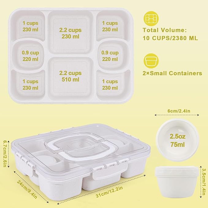 Large Snackle Box Container with 2 Sauce Cups, 8-Compartment Divided Serving Tray with Lid & Handle, Portable Snack Tray for Travel Picnic, Leak-Proof, Dishwasher Safe, BPA-Free