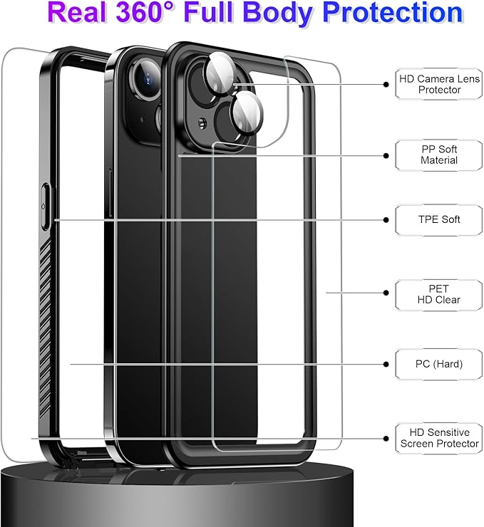 Compatible with iPhone 14 Case Waterproof, Built-in Screen & Camera Protector IP68 Underwater Full Body 14FT Military Dropproof Shockproof Phone Case 6.1"-Black/Clear