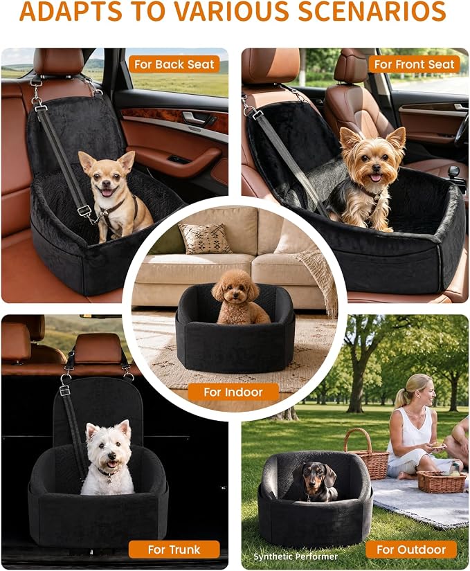 NUPIDA Dog Car Seat for Small Medium Dogs, Dog Booster Seat with Extendable Backrest, Pet Portable Car Seats up to 30 lbs, Washable Travel Bed with Storage Pockets and 2 Safety Leashes, Black