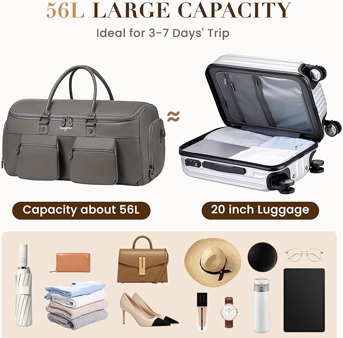 Suit Bag Travel,Vessgra 2 in 1 Leather Duffle Bags for Men 56L Duffel Bags for Traveling PU Leather Garment Bag with Shoe Compartment,Travel Carry on Bag Weekender Bussiness Wedding,Grey