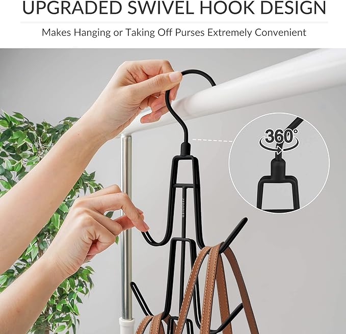 ZEDODIER Purse Organizer for Closet, Heavy-Duty Hanging Purse Hanger Closet Holds Up to 6 Purses, Metal Rotating Space Saving Bag Holder Handbag Storage Hook Backpack Rack, Black
