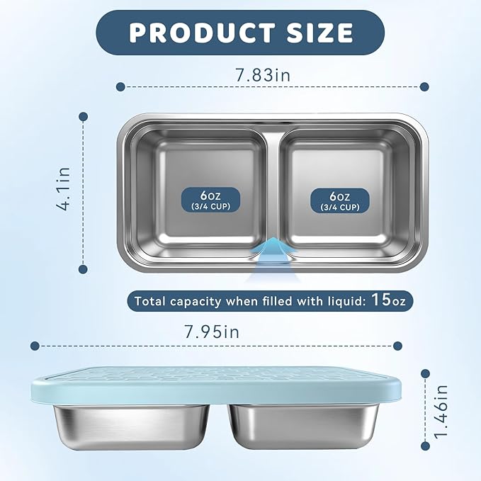 3 Pack Stainless Steel Snack Containers for Kids, Reusable Snack Containers with Silicone Lids, 2 Compartment Toddler Snack Containers for Daycare, School Lunch and Travel, 15 oz