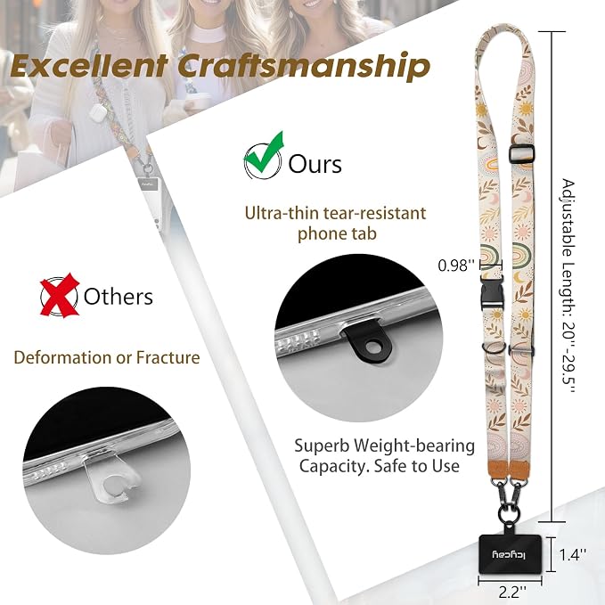 Icycay Phone Lanyard Crossbody, Boho Rainbow Cell Phone Strap for Around The Neck Adjustable, Leaf Sun Moon Teacher Anti Theft Cute Lanyard for ID Holder Keys Accessories Travel Essential