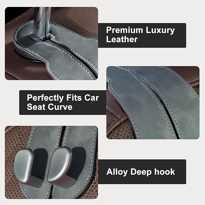 CoBak Purse Hook for Car - Universal Premium Stitched Leather and Aluminum-Magnesium Alloy Double Car Seat Back Storage Hook for Purses, Handbags, Bags (2 Pack),Gray