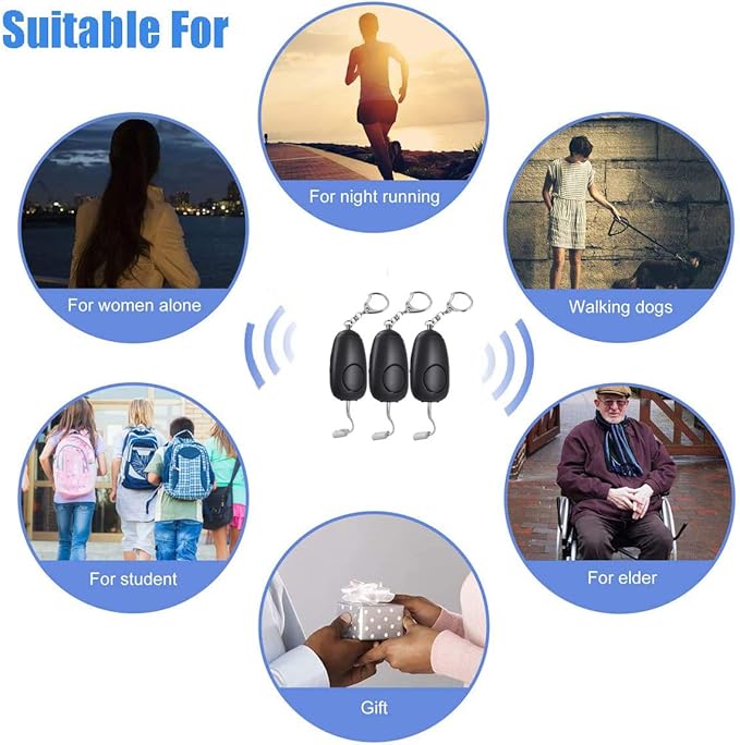 (Upgraded New Version) Safe Sound Personal Alarm, Rechargeable Emergency 130db Security Alarm Keychain Siren Song with 2 LED Lights, for Women, Men, Children, Elderly (3 Pack), Black