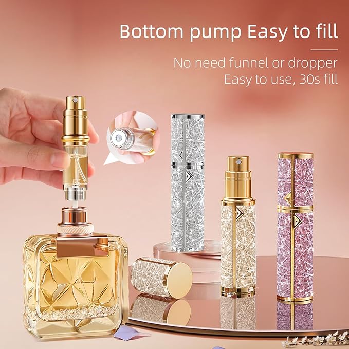 Perfume Travel Refillable Bottle, Cologne Portable Atomizer Fragrance Scent Sprayer with Sparkling Brilliantly, Pump Fill from Bottom Pocket Size 5ml for Travel Essentials & Best Gift(Purple)
