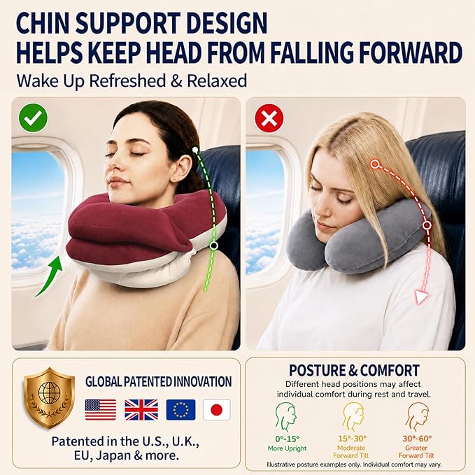 BUYUE Travel Neck Pillows for Airplanes, Memory Foam 360° Head Support Sleep for Long Flight, Skin-Friendly & Breathable, Kit with Eye Mask, Earplugs and Storage Bag (Adult, Red, 90+ lbs)