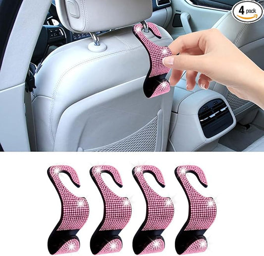LAINLOY 4PCS Bling Car Headrest Hook, Crystal Rhinestone Back Seat Purse Holder, Car Seat Hanger Storage for Bag, Grocery, Handbag, Universal Interior Accessories for SUV Car Truck (Pink)