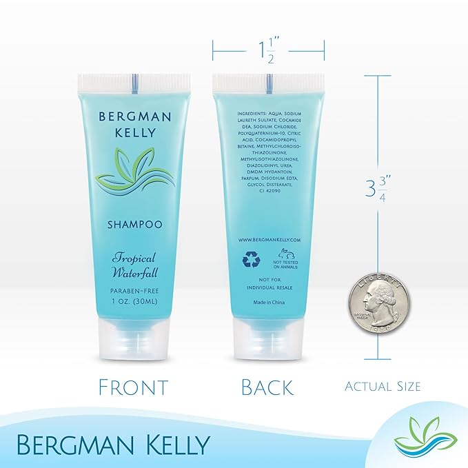 BERGMAN KELLY - Travel Size Hotel Shampoo - 1 fl oz, 100 PK, Tropical Waterfall - Delight Your Guests with Revitalizing & Refreshing Hair Cleanser for Guest Hospitality - Bulk Small Size Shampoo