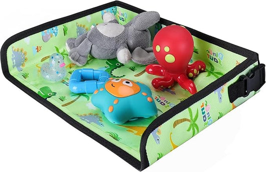 Kids Travel Tray Table Cover with Pockets – Airplane Essentials for Toddlers 1-3, Portable Activity Organizer for Plane, Train, Car & Highchair, Washable Dinosaur Design (Green)