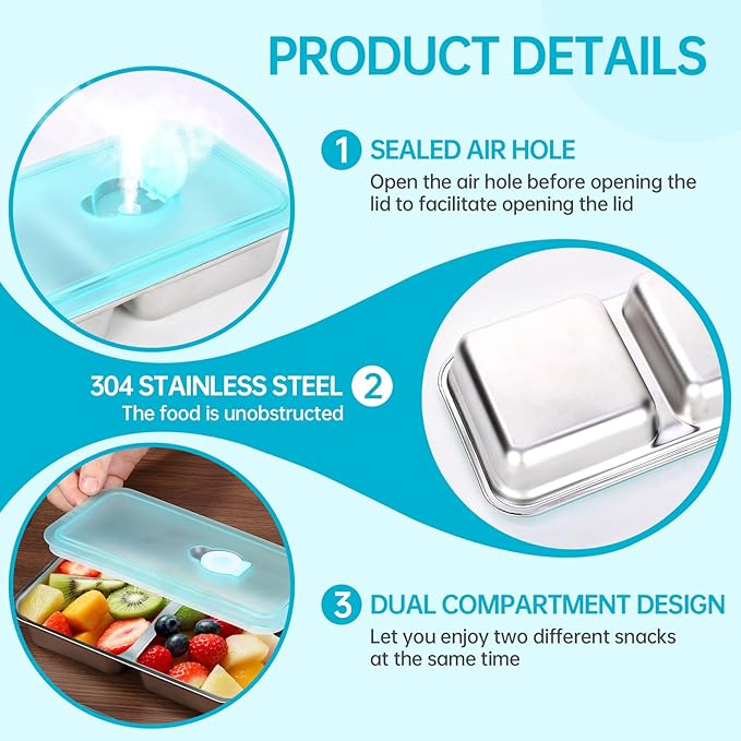 6 Pack Stainless Steel Snack Containers Reusable, Grab and Go 2 Compartment Food Storage Containers with Leakproof Lids for Travel and Outdoor Camping School Lunch Prep Dishwasher Safe