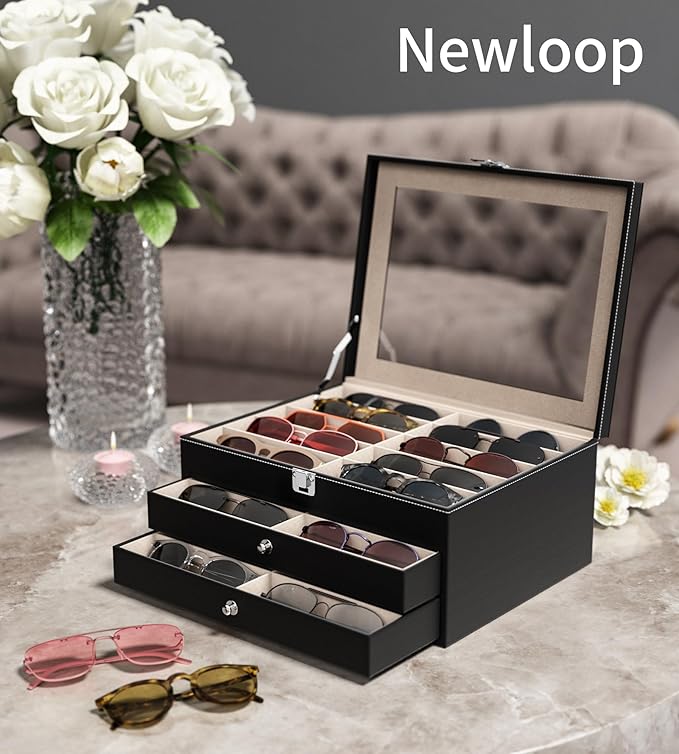 NEWLOOP 10/30 Slots Sunglass Organizer for Multiple Pairs of Eyeglass See-through Display Case Storage Box for Women Men