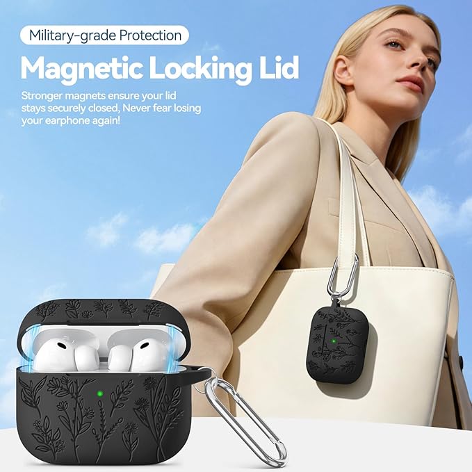 for Airpods Pro 3 Case with Magnetic Lid, Flower Engraved Cases for Apple AirPods Pro 3rd Generation 2025, Soft Silicone Cover for Women Girly with Cleaner & Keychain, Shockproof