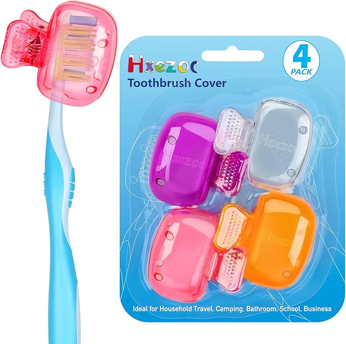 Hxezoc 4 Pack Travel Toothbrush Head Covers Toothbrush Protector Cap Brush Pod Case Protective Portable Plastic Clip for Household Travel, School, Camping, Bathroom, Business