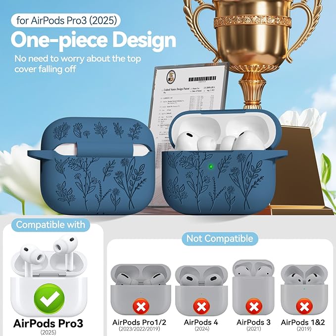 Ekoonpft for Airpods Pro 3 Case, Flower Engraved Cases for Apple AirPods Pro 3rd Generation 2025, Soft Silicone Cover for Men Women Girly with Cleaning Kit & Keychain, Anti-Scratch, Shockproof