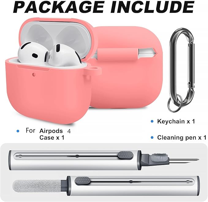 for Airpods 4th Case Cover,Come with Cleaner Kit,Soft Skin Silicone Case Cover with Keychain,Full Protective Case for Men and Women,Compatible with AirPods 4th Generation Case,Coral