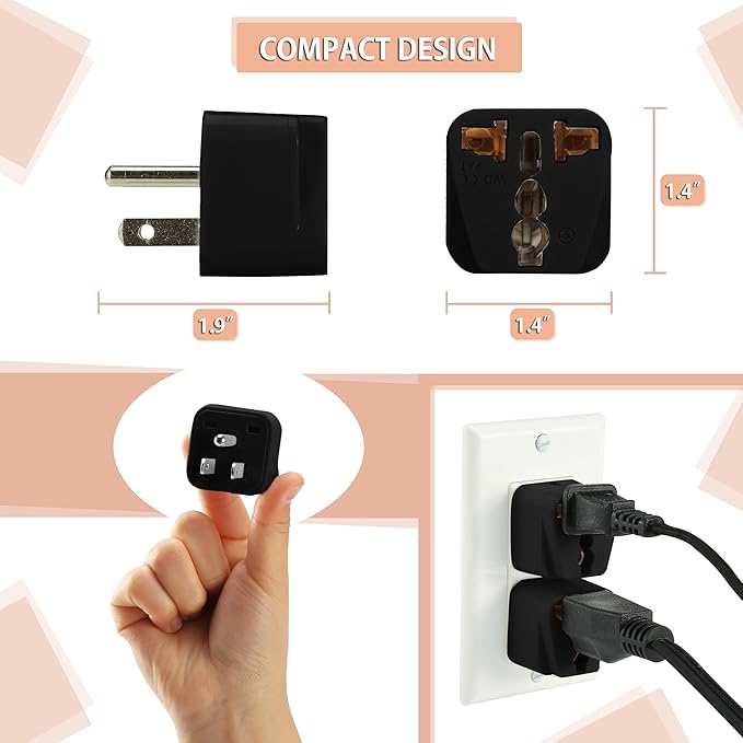 Bates- Universal Travel Plug Adapter, 2 Pack, Converts EU/UK/AU/Asia Plugs to USA Outlet, Europe to US Plug Adapter, UK to US Outlet, Compact Design for Home, Office