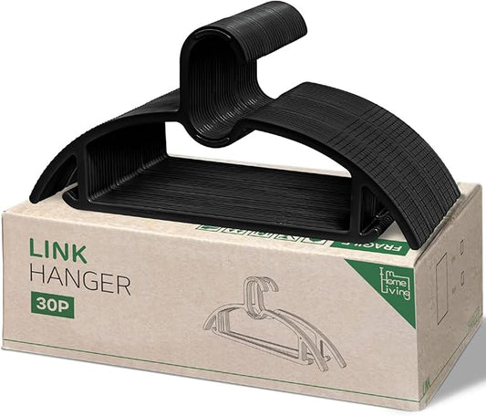15" Compact Slim & Slimlink Interlocking Clothes Hangers, Space-Saving Lightweight Plastic Hangers for Small Closets, Dorms, Apartments, Travel, RVs & Petite Clothing (Black, 30)