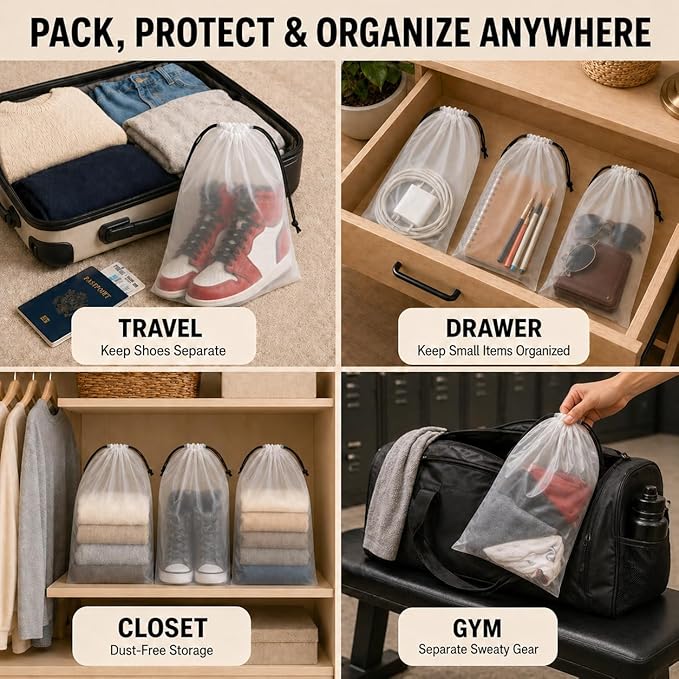 18 Pack Clear Shoe Bags for Travel Essentials, 15.7"×11.8" PEVA Drawstring, Water-Resistant, Fits up to Men’s 12–13, Reusable Storage for Clothes & Toiletries, Keep Luggage Tidy & Odor-Free