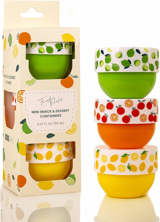 Snack Containers (4 Set) - 4.75 Oz Small Food Storage Cups with Lids - Fruit, Nuts, Sauce, Condiments & Salad Container for Lunch Box - (3 COLORS-5 Oz)