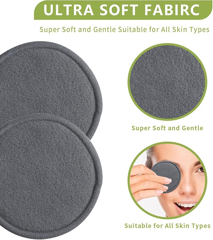 Reusable Cotton Rounds, 100% Natural Bamboo Cotton Pads for Face|Reusable Makeup Remover Pads with Laundry Bag,Headband and Cotton Round Holder (Gray)