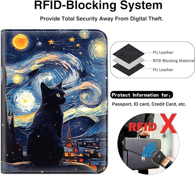 Passport Wallet, Passport Holder with RFID Blocking and Luggage Tag, Waterproof PU Leather Travel Documents Organizer Case, Passport Covers with Card Slot for Women & Men, Cat Night Starry Art