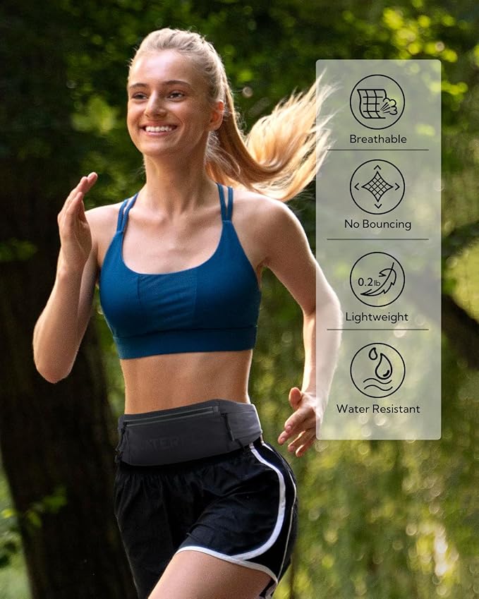 WATERFLY Running Belt Fanny Pack: Breathable 3 Pocket Waist Bag for Men Women Workout Exercise Fitness Phone Holder Fits All Phones - Runner Marathon Jogging Race Belt with Bib Clip Dark Gray