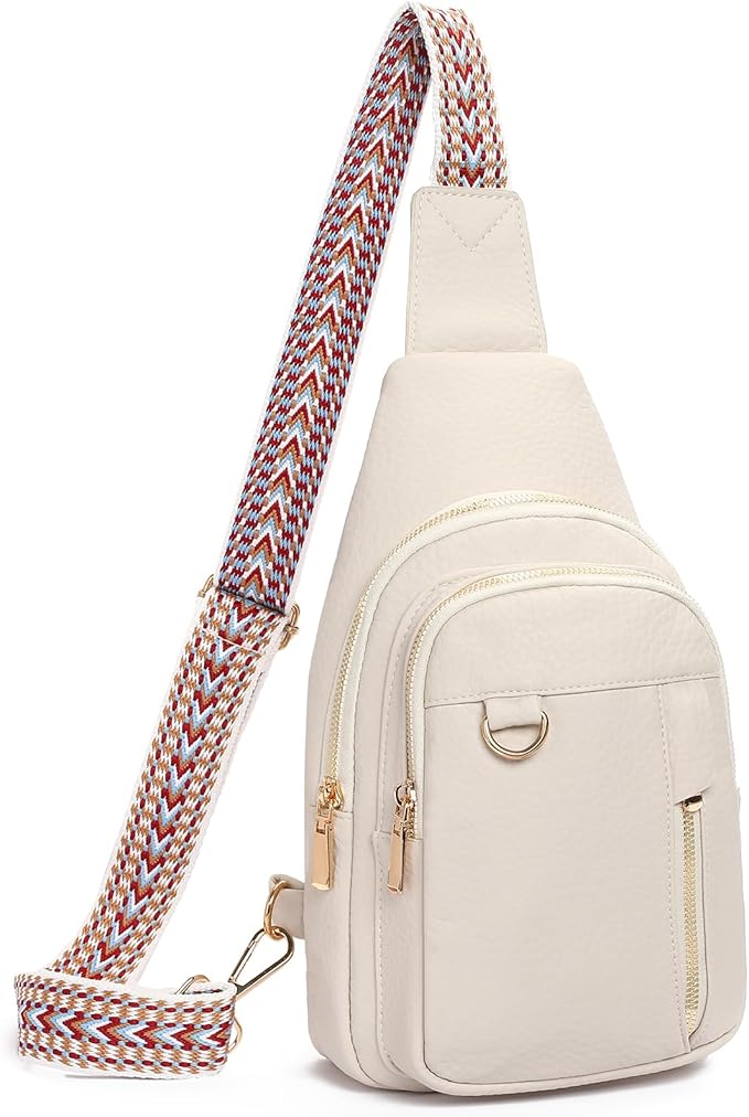 GAEKEAO Sling Bag for Women Vegan Leather Crossbody Bags Travel Fanny Pack Chest Bag Purse with Adjustable Wide Guitar Strap