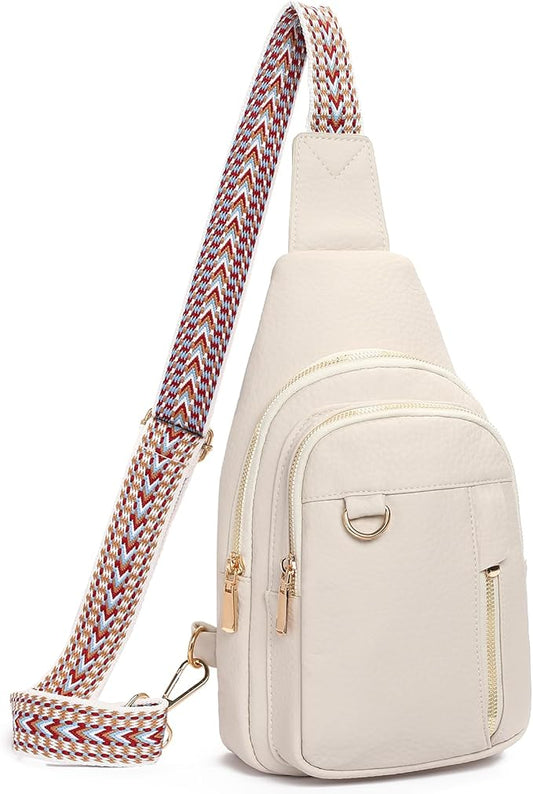 GAEKEAO Sling Bag for Women Vegan Leather Crossbody Bags Travel Fanny Pack Chest Bag Purse with Adjustable Wide Guitar Strap