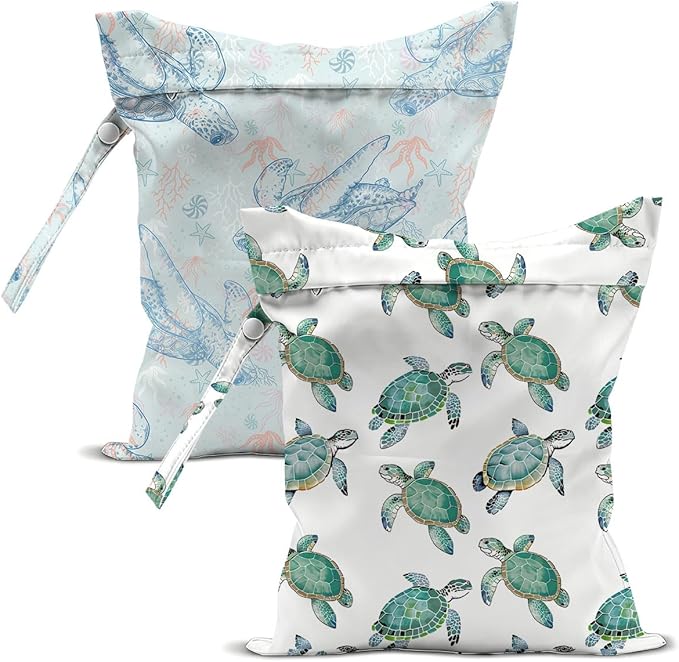 2-Pack Reusable Waterproof Wet Bags, Double Turtle Printed Wet Dry Bag, Multifunctional Waterproof Pouch for Beach Pool Gym Daily Use