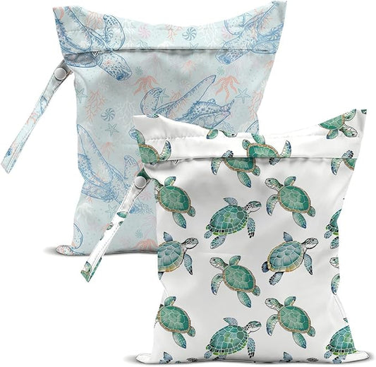 2-Pack Reusable Waterproof Wet Bags, Double Turtle Printed Wet Dry Bag, Multifunctional Waterproof Pouch for Beach Pool Gym Daily Use