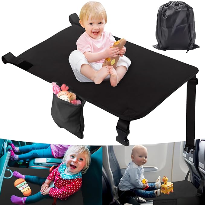 Toddler Airplane Bed, Portable Kids Airplane Seat Extender, Airplane Travel Essentials for Toddlers, Comfortable Footrest for Kids, Must-Have Toddler Travel Bed for Flights (Black)