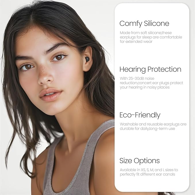JUSTRVN Earplugs for Sleeping,2 Pairs of Noise Reduction Earplugs for Concert&Study, Hearing Protection Earplugs -30dB with 4-Size Tips,Reusable Silicone Earplugs for Comfort,Focus and Loud Events