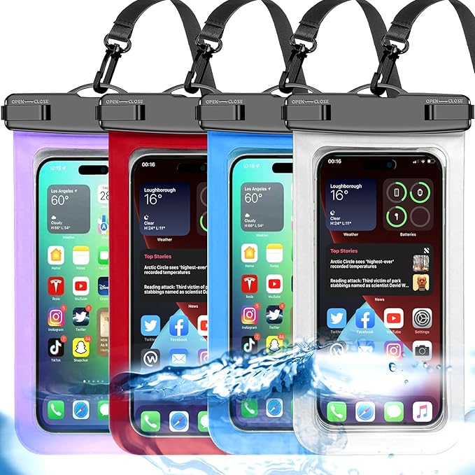 Waterproof Phone Pouch,4 Pack Multicolor Phone Waterproof Case Dry Bag,Protection Level: IP68,Beach Cruise for Apple iPhone,Samsung,and More,Lanyard Included,(Fits Up to 8.3”),White,Blue,Red,Purple