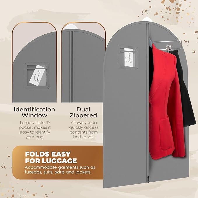Your Bags Travel Garment Bag – Durable Zippered Single Suit Bag for Storage – Water-Resistant Clothes Cover - Hanging Garment Bags for Travel with ID Pocket – 40" x 24" - Grey (Pack of 1)