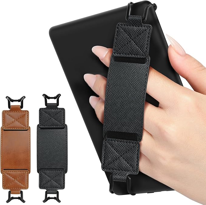 MoKo 2 Pack Security Hand Strap for 6-8" eReaders Fire Tablet -Kindle/Kobo/Voyaga/Lenovo/Sony E-Book Tablet, High-Elasticity Versatile Hand Strap Lightweight Finger Grip Holder, Black Crosshair+Brown