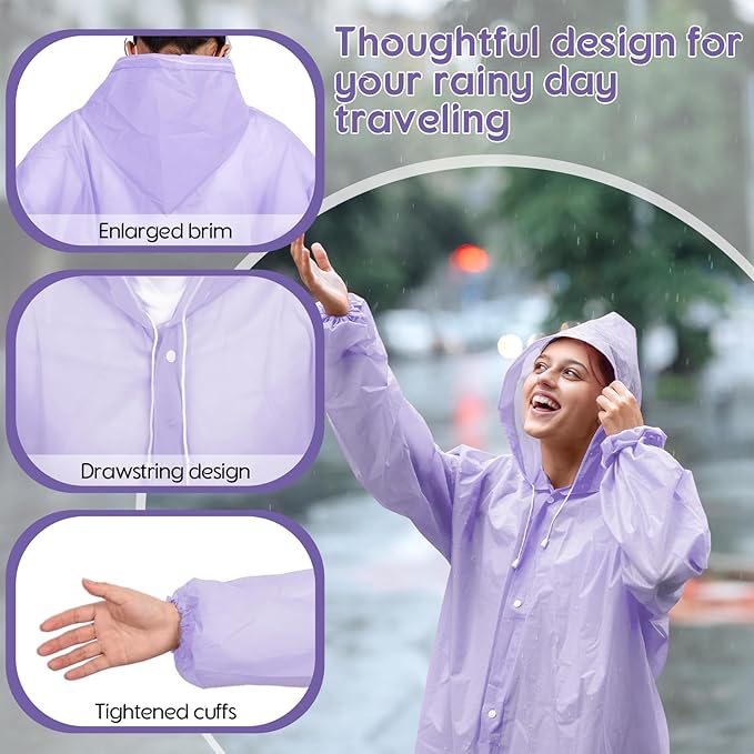 Rain Ponchos for Adults Reusable Rain Coats with Hood and Drawstring Thicken Ponchos Waterproof for Women(Purple)