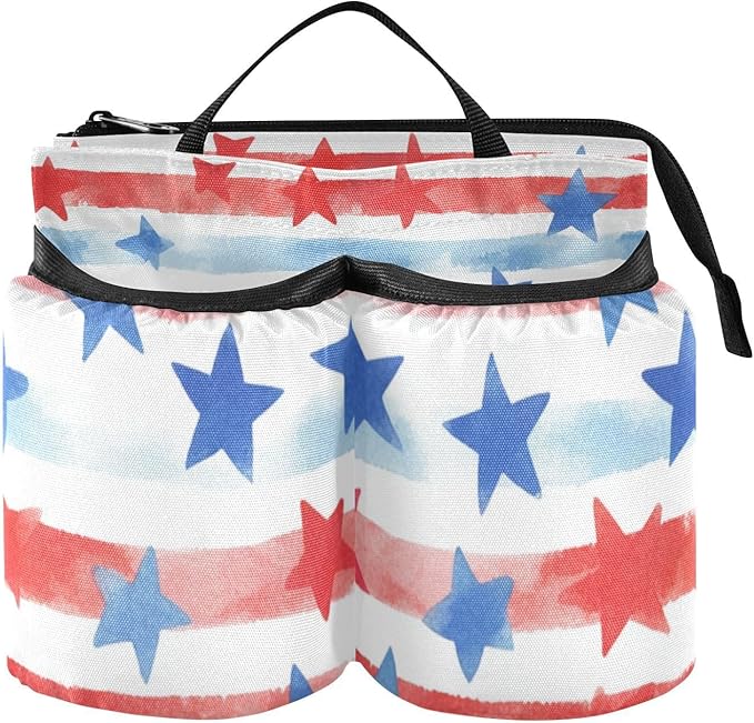 Luggage Cup Holder for Suitcases Free Hands Suitcase Cup Holder Travel Luggage Drink Holder Portable Luggage Cup Caddy Bag Carrier with Handle July 4th Stripes Stars White