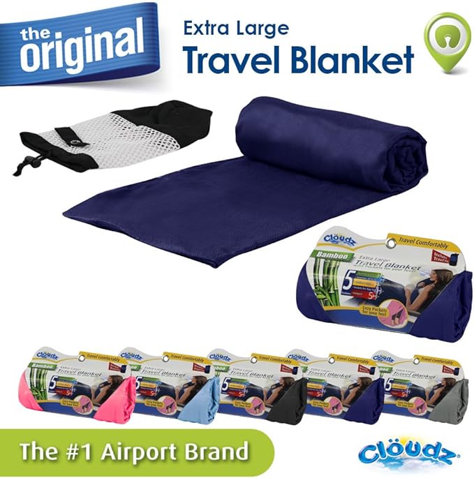 Cloudz Extra Large Airplane Travel Blanket for Your Flight, Car, Camping, Home or Comforting Warmth Anywhere! Includes Warm Cozy Pockets for Your Feet and a Travel Bag - Navy Blue